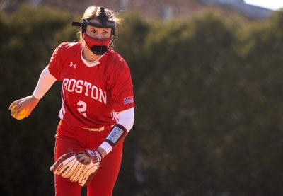 Boston University softball junior pitcher Emily Gant winding up a pitch