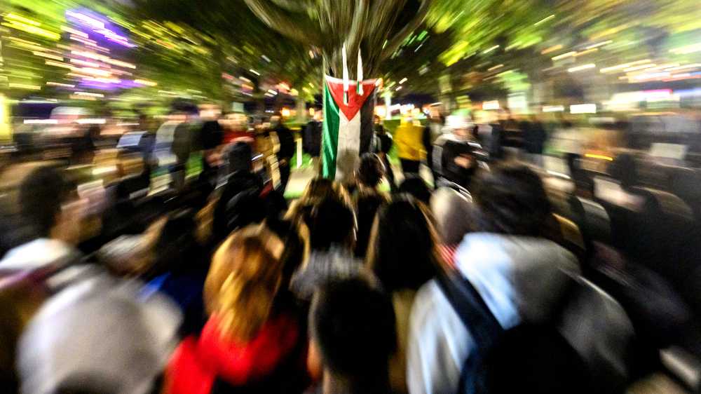 People listen to the Palestinian vigil at BU Beach on Wednesday. About 200 people were present. ANDREW BURKE-STEVENSON/DFP PHOTOGRAPHER