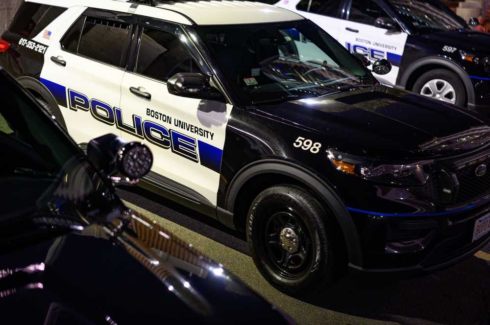 Boston University Police Department cars in front of their headquarters. This week’s crime logs include a report of the club hockey coach allegedly striking a player, trespassing, harassment, a well being check and more. ANDREW BURKE-STEVENSON/DFP PHOTOGRAPHER