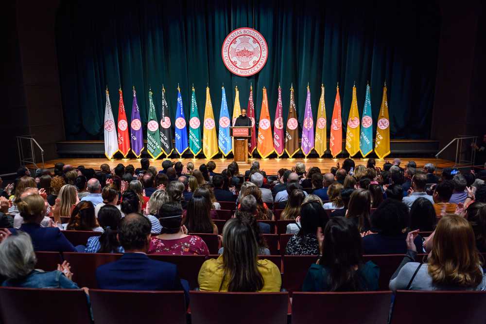 Dr. Melissa Gilliam speaks during the announcement of her future role as Boston University’s president.