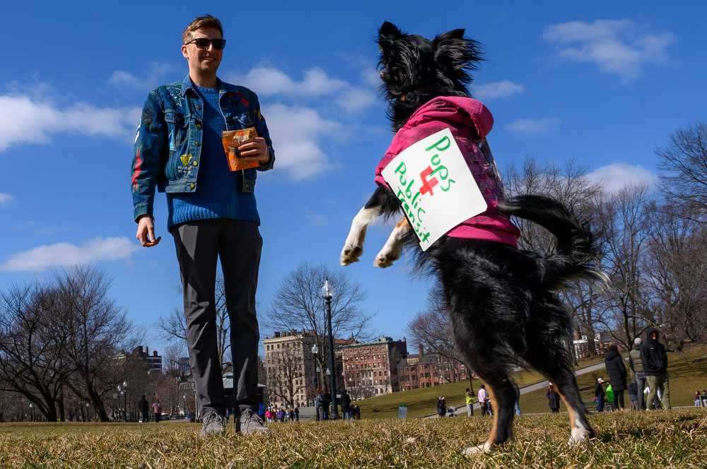 Brady Knight throws a treat to his dog Pippin