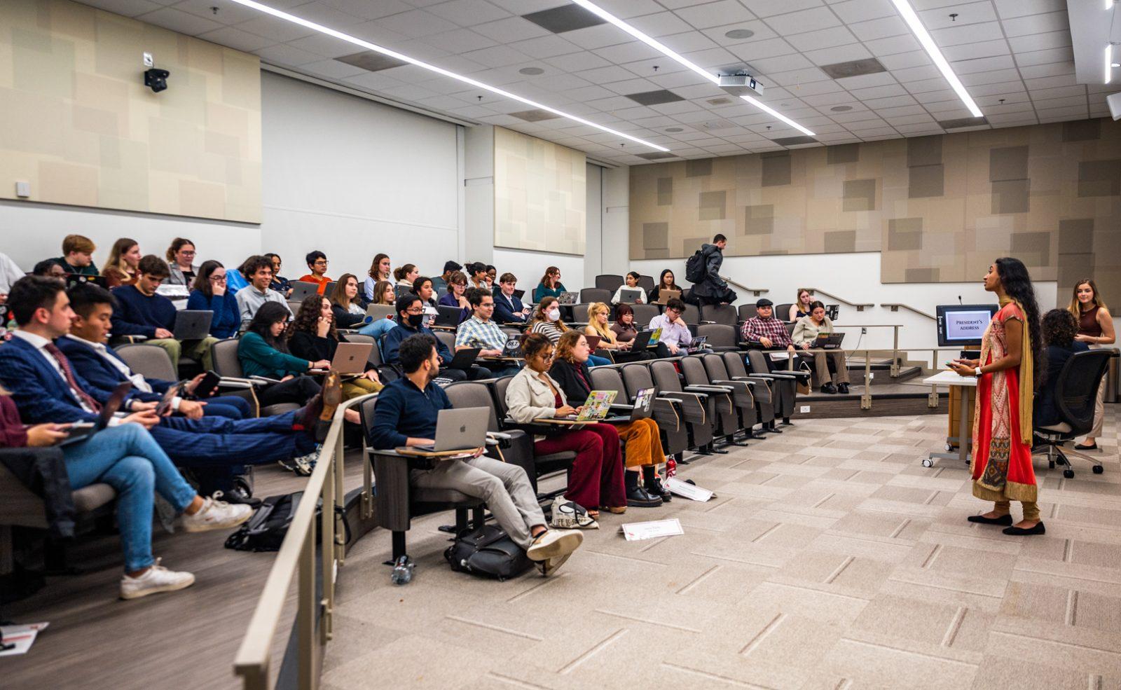 Boston University Student Government Executive Vice President Navya Kotturu speaking at the meeting on Monday. The impeachment hearing for Judicial Advisory Committee Commissioner Daniel Markovic was held during the meeting. ANDREW BURKE-STEVENSON/DFP STAFF 