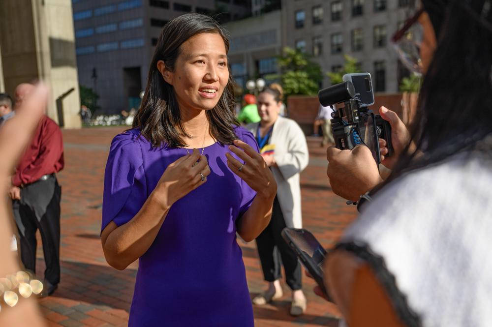 Mayor Michelle Wu at City Hall. Mayor Wu and Boston Emergency Medical Services announced a new cadet program to increase staffing for emergency departments. ANDREW BURKE-STEVENSON/DFP PHOTOGRAPHER