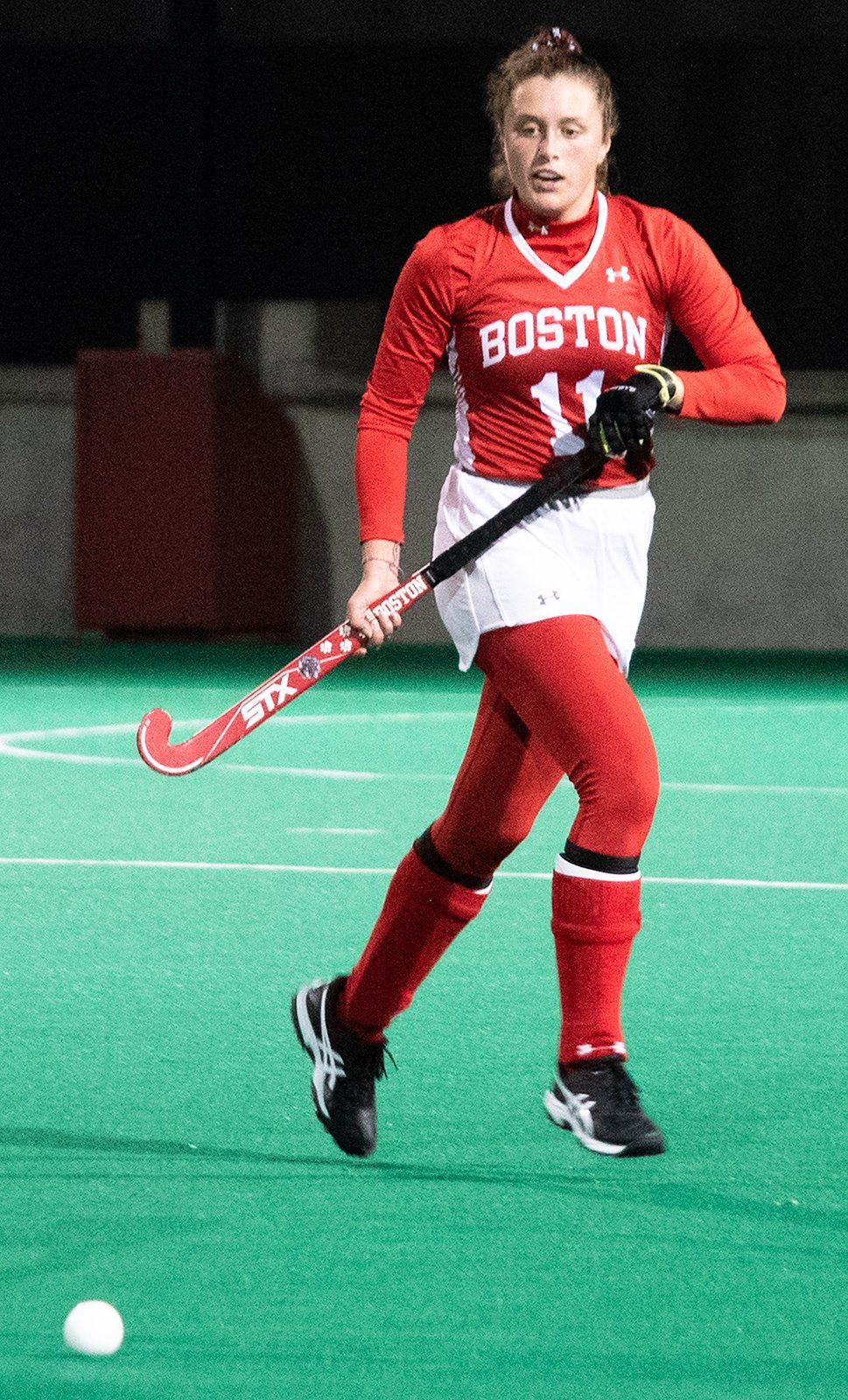 Junior Ailsa Connolly in an Oct. 26 game against College of the Holy Cross. Connolly was named Patriot League Offensive Player this past week after racking up six points over two games. CHLOE GRINBERG/ DFP FILE