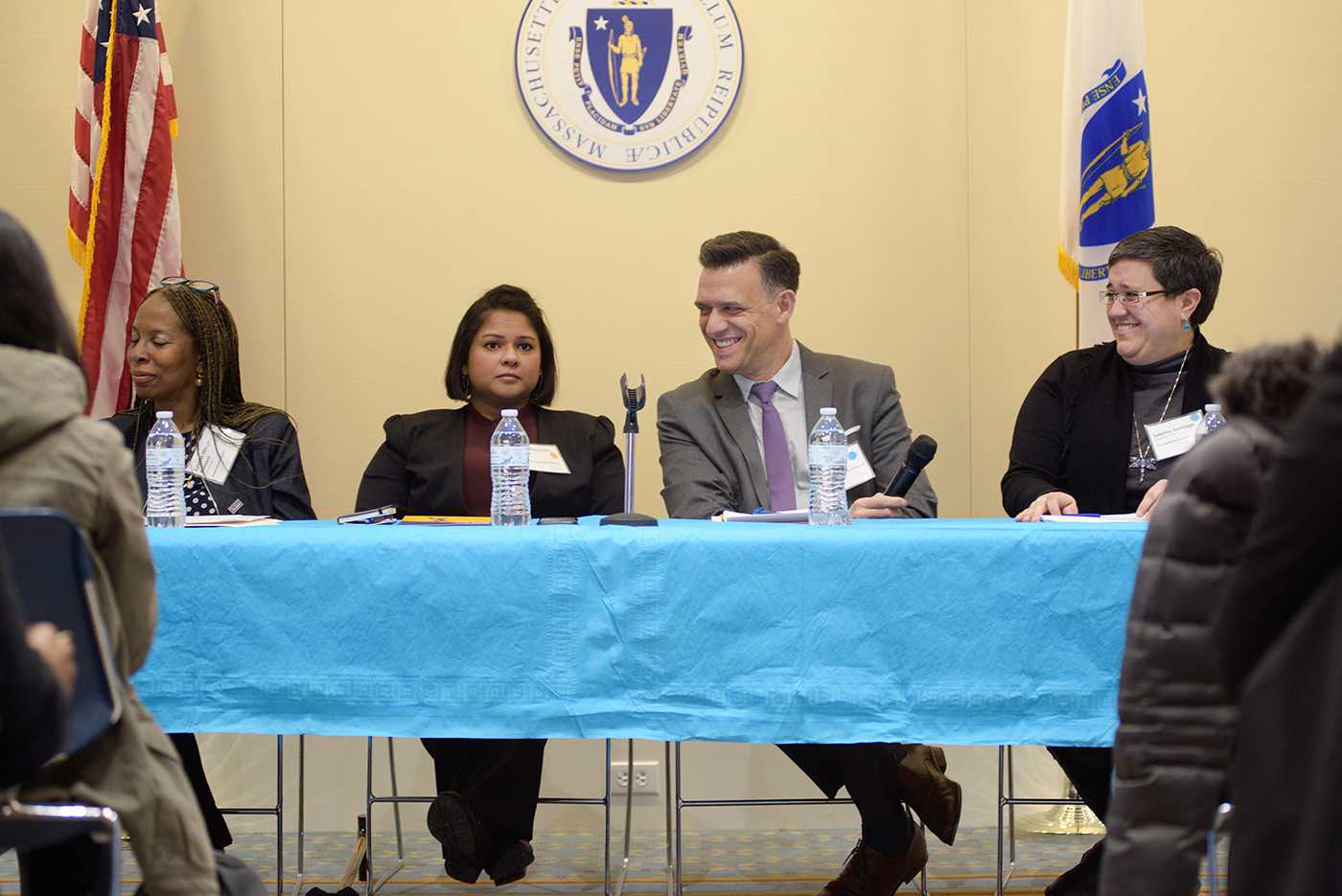 From left to right: Lysetta Hurge-Putnam, Amrith Fernandes Prabhu, Paulo Pinto and Sabrina Santiago. The four panelists spoke at a hearing on sexual and domestic assault legislation at the Massachusetts State House Wednesday. CHLOE GRINBERG/ DAILY FREE PRESS STAFF