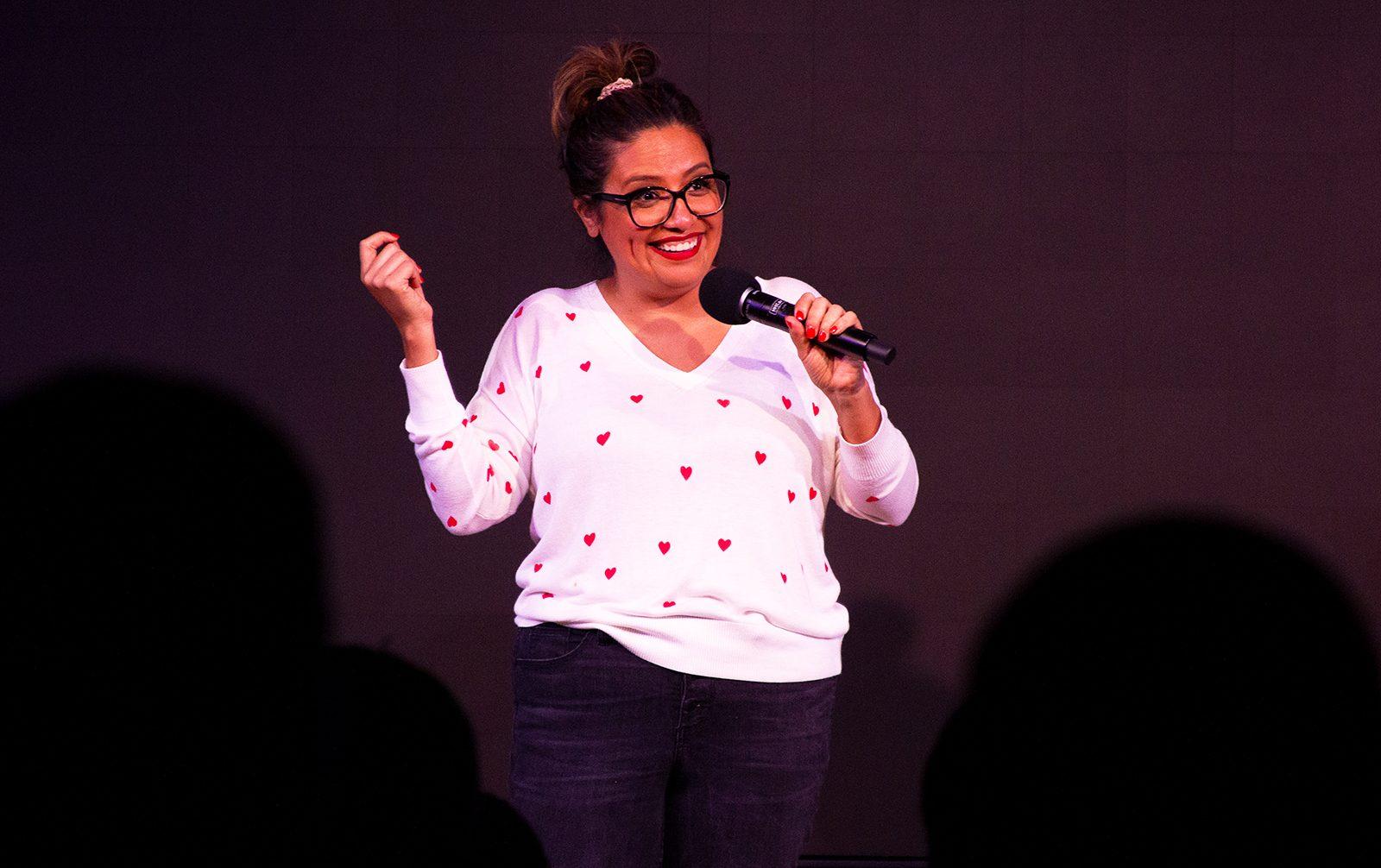 Stand-up comedian Cristela Alonzo performs at WBUR’s City Space on Oct. 12. CONOR KELLEY/ DAILY FREE PRESS STAFF