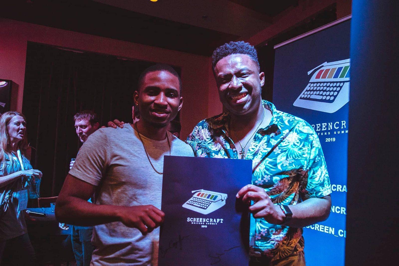Christopher Sumlin (pictured left), a College of Communication alumnus, poses with his award for “Best Pitch of the Summit” at the 2019 ScreenCraft Writers Summit. COURTESY OF CHRISTOPHER SUMLIN
