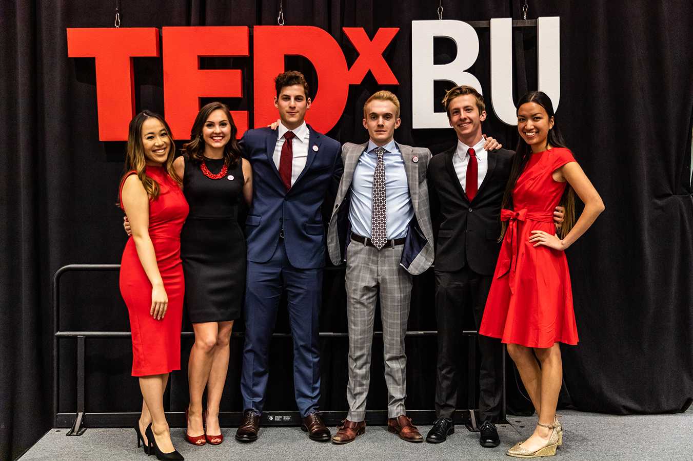 The organizers of TEDxBU, pictured left to right: Geneve Lau, COM ‘21; Andriana Skaperdas, QST ‘21; Ethan Weinberg, QST ‘21; Thomas Rigal, QST ‘21; Alex Hutchinson, CGS ‘19 and QST ‘21; Anna Pham, COM ‘21. COURTESY OF JESS RIVILIS
