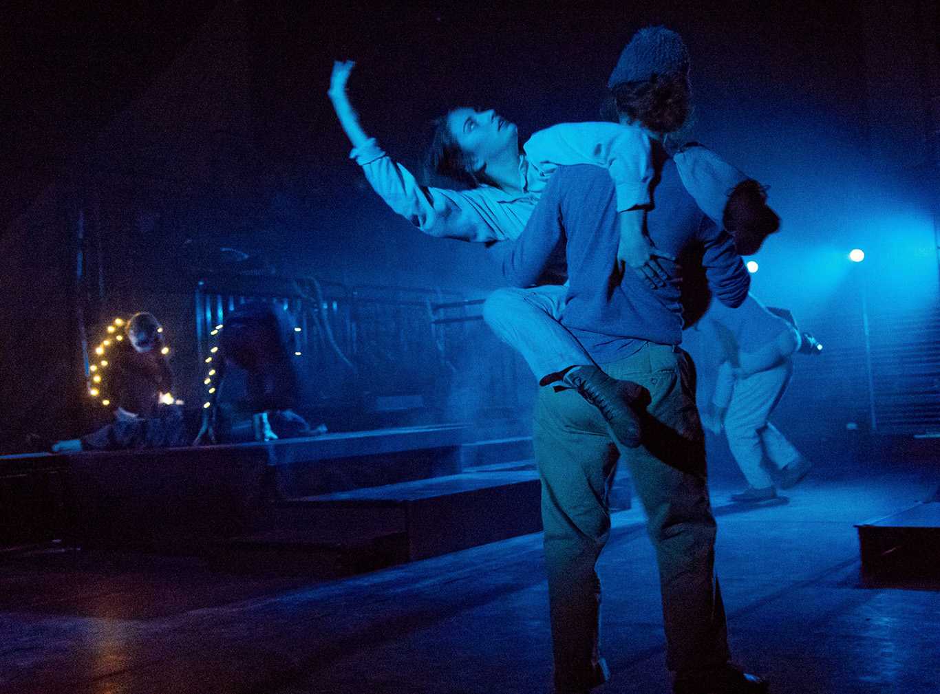 Two dancers perform in “Aurora Borealis: A Festival of Light and Dance.” The Boston University School of Theatre and the Department of Physical Education, Recreation and Dance put on the 20th annual production Monday, comprising eight separate performances ranging from hip-hop to jazz. COURTESY OF ANDREW BRILLIANT