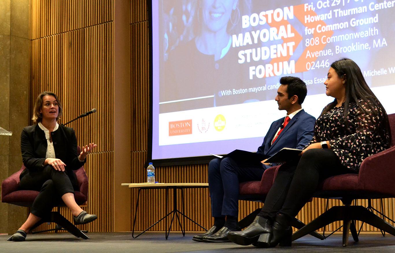 Boston mayoral candidate Annissa Essaibi George speaks during the Boston mayoral student forum Friday at Boston University’s Howard Thurman Center for Common Ground. COURTESY OF JORDAN KREINDLER/ BOSTON UNIVERSITY UNDERGRADUATE STUDENT GOVERNMENT 
