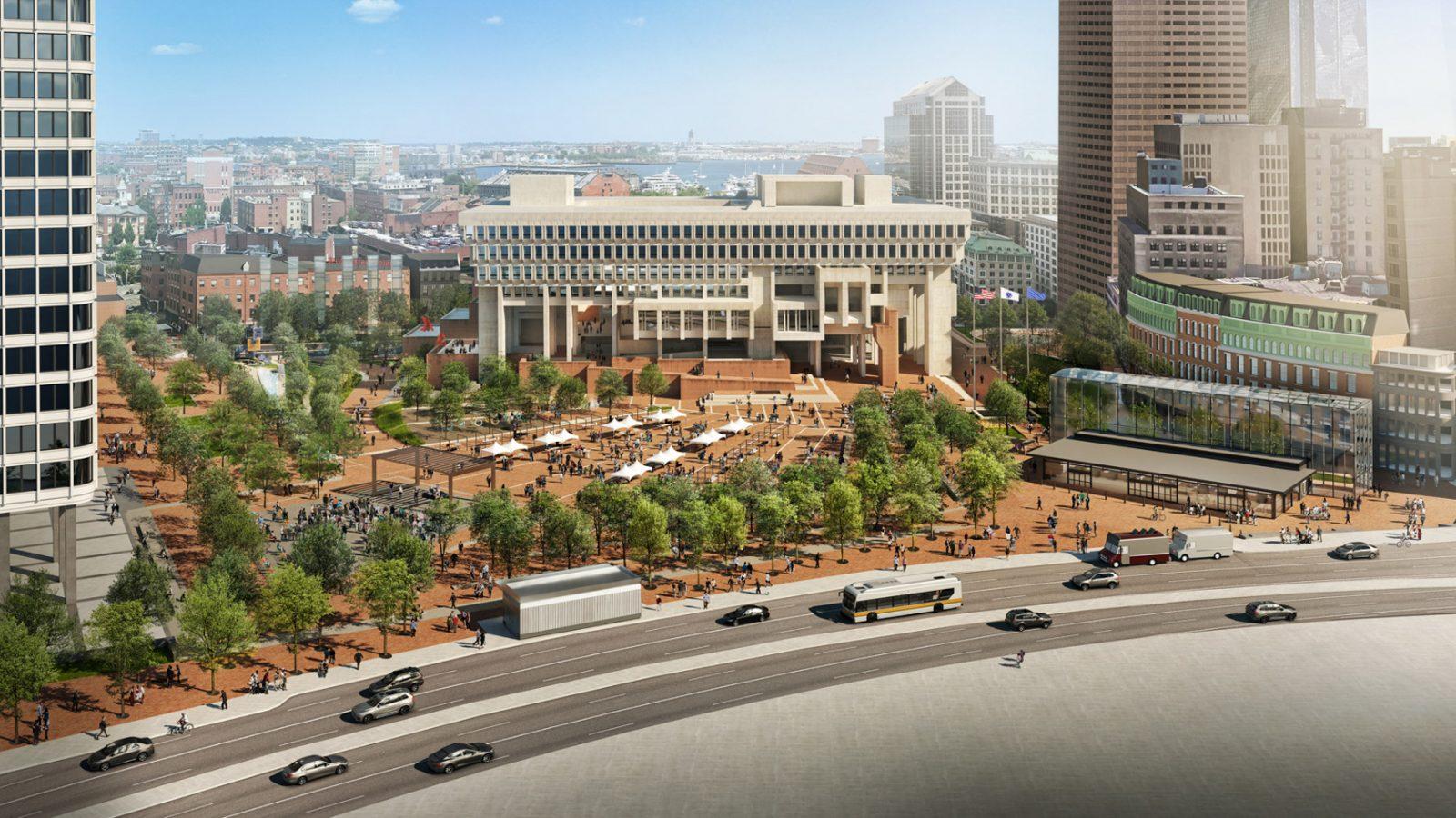 A mockup of the City Hall Plaza, an outdoor area in Government Center. The plaza will reopen on Nov. 18 and feature a children’s playspace, terraces and several event spaces. COURTESY OF CITY OF BOSTON
