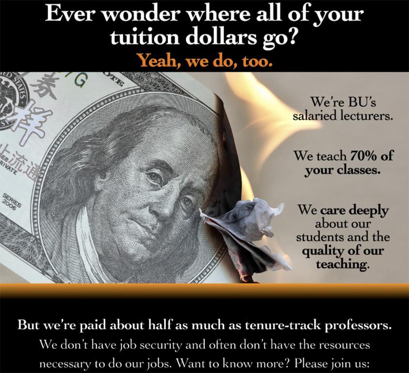 The flyer created by Boston University lecturers in the Service Employees International Union Local 509 for their virtual teach-in Thursday. Union representatives have reported that negotiations with the University have reached a standstill concerning job security, fair pay, lighter workloads and easier access to technology. COURTESY OF SEIU LOCAL 509
