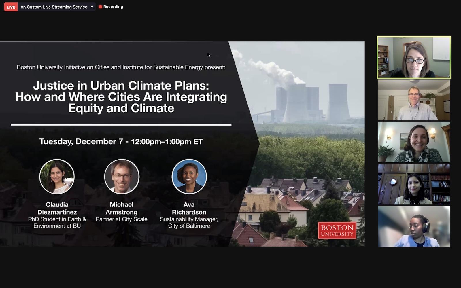 The Boston University Initiative on Cities and Institute for Sustainable Energy held a virtual panel Tuesday to discuss the research behind equitable climate action plans in cities throughout the United States. COURTESY OF BU INITIATIVE ON CITIES