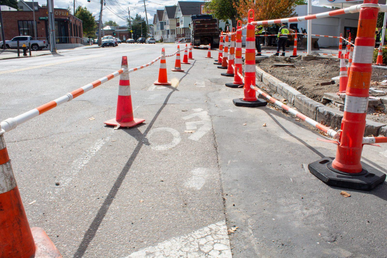 Construction on a bike lane along Western Avenue in Allston. The construction of separated bike lanes is part of a city-wide initiative to improve bike infrastructure and pedestrian safety. SARAH CRUZ/DFP PHOTOGRAPHER