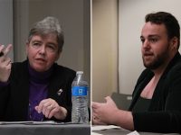 City council candidates Liz Breadon and Jacob deBlecourt (left to right) speaking at the Allston-Brighton city council debate in Brighton on Nov. 2.