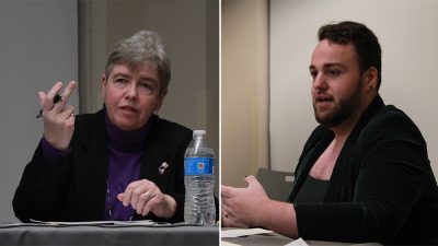 City council candidates Liz Breadon and Jacob deBlecourt (left to right) speaking at the Allston-Brighton city council debate in Brighton on Nov. 2.