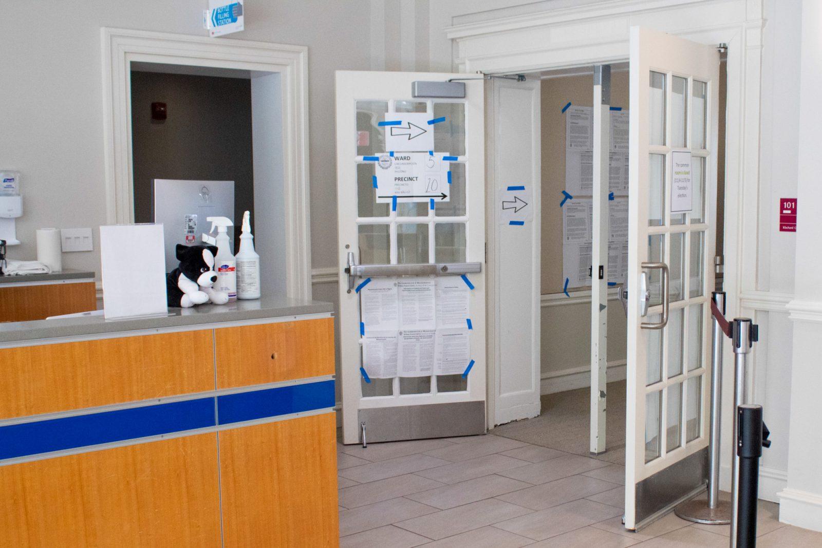 The entrance to the polling location for Precinct 10 inside Kilachand Hall. Policy stances and historical significance are motivating Massachusetts residents to vote in the 2024 presidential election. SARAH CRUZ/DFP PHOTOGRAPHER 