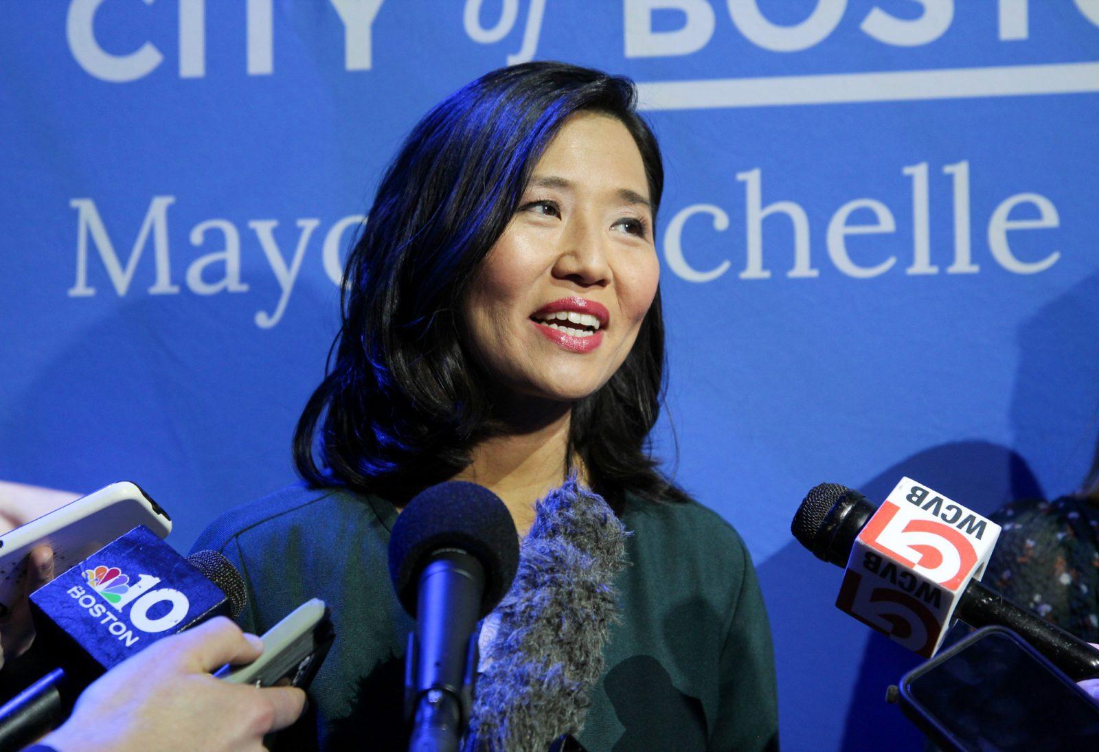 Boston Mayor Michelle Wu addresses reporters after her State of the City Address March 19. Wu discussed her testimony before Congress and announced new programs during her address at MGM Music Hall at Fenway. SARAH CRUZ/DFP PHOTOGRAPHER