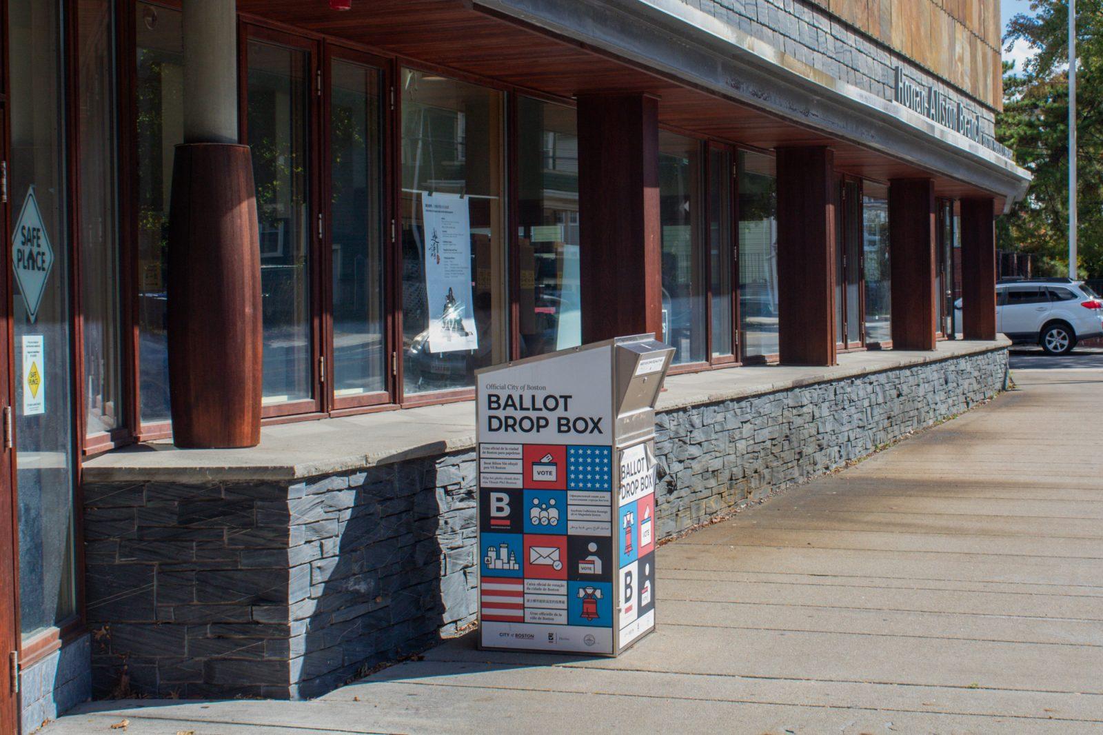 A ballot drop box outside of the Honan-Allston Branch of the Boston Public Library. Question 3 on the Massachusetts ballot regards an initiative to allow transportation network drivers to unionize. SARAH CRUZ/DFP PHOTOGRAPHER