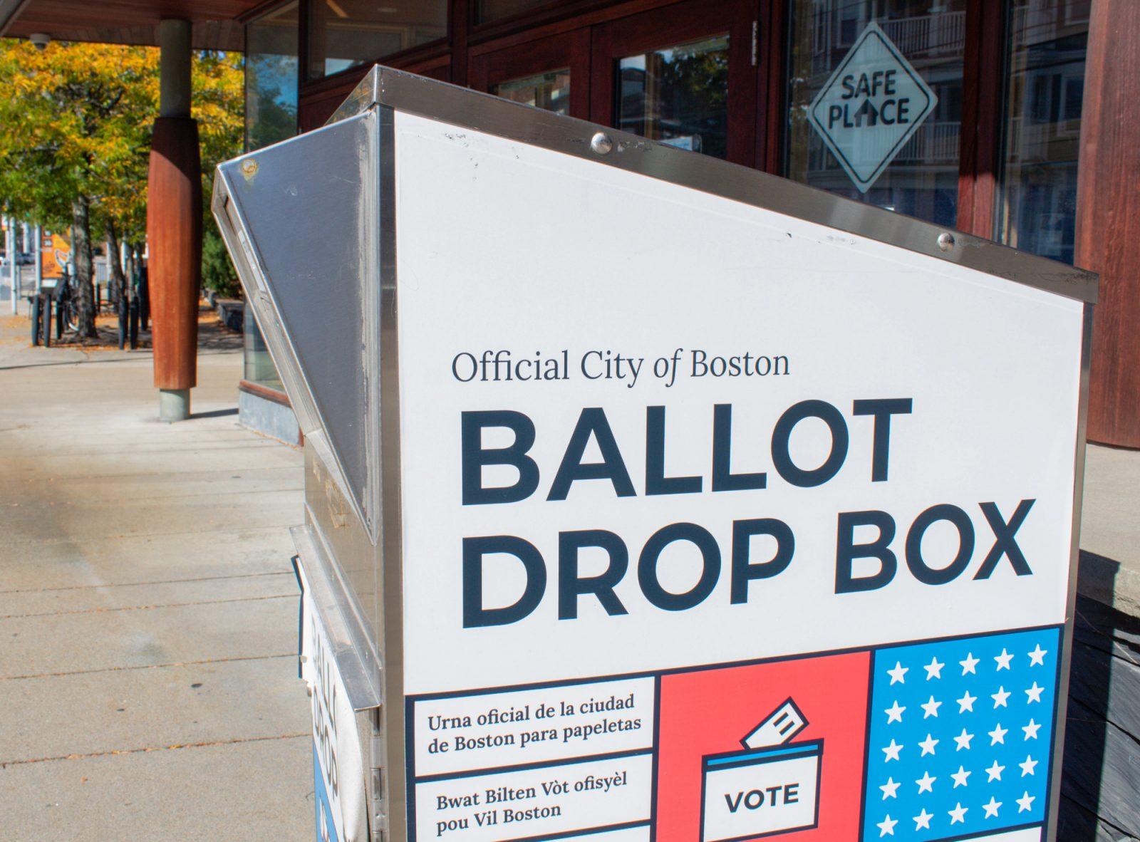 A ballot drop box outside of the Honan-Allston Branch of the Boston Public Library. In lieu of voter’s disappointment with the current presidential candidates, some Bostonians are planning to vote uncommitted for the Democratic Party. SARAH CRUZ/DFP PHOTOGRAPHER