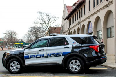 A Boston University Police cruiser outside the headquarters.