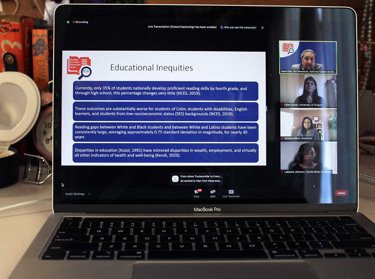 A presentation on education inequities in reading. The Wheelock College of Education and Human Development hosted a panel Feb. 23 to discuss educational disparities in child reading levels, especially those with disabilities and in marginalized communities. AMANDA CUCCINIELLO/DFP STAFF