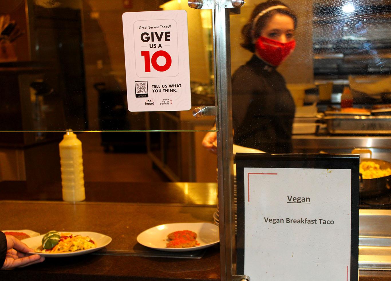 A vegan breakfast taco at the vegan station in West Campus Dining Hall. Boston University students with dietary restrictions and allergies have expressed dissatisfaction toward several meal options available at campus dining halls. AMANDA CUCCINIELLO/ DAILY FREE PRESS STAFF
