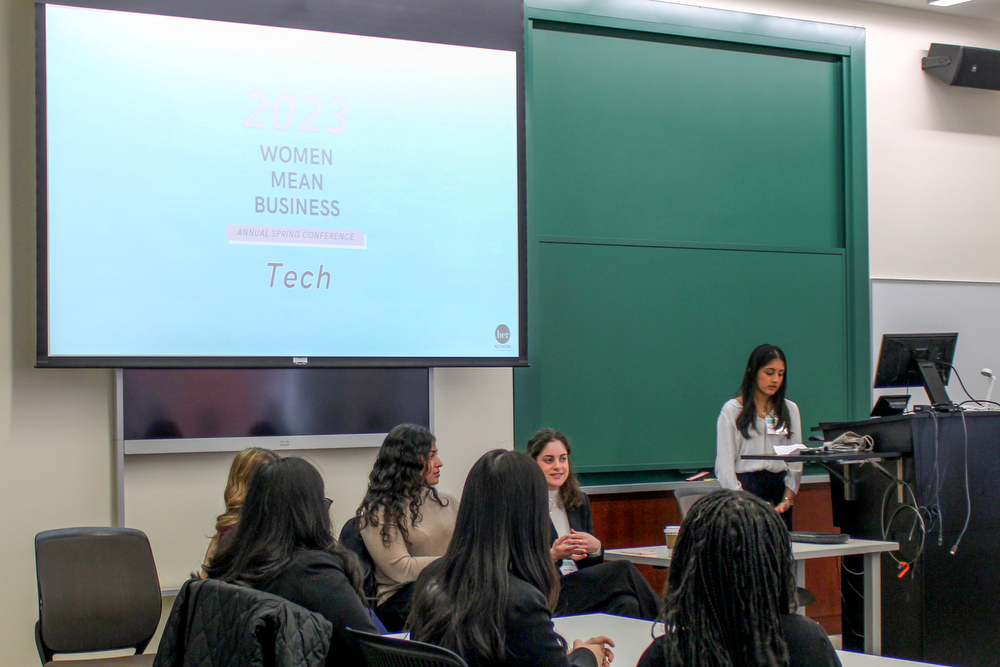 A panel speaker talks during the Women Mean Business event.