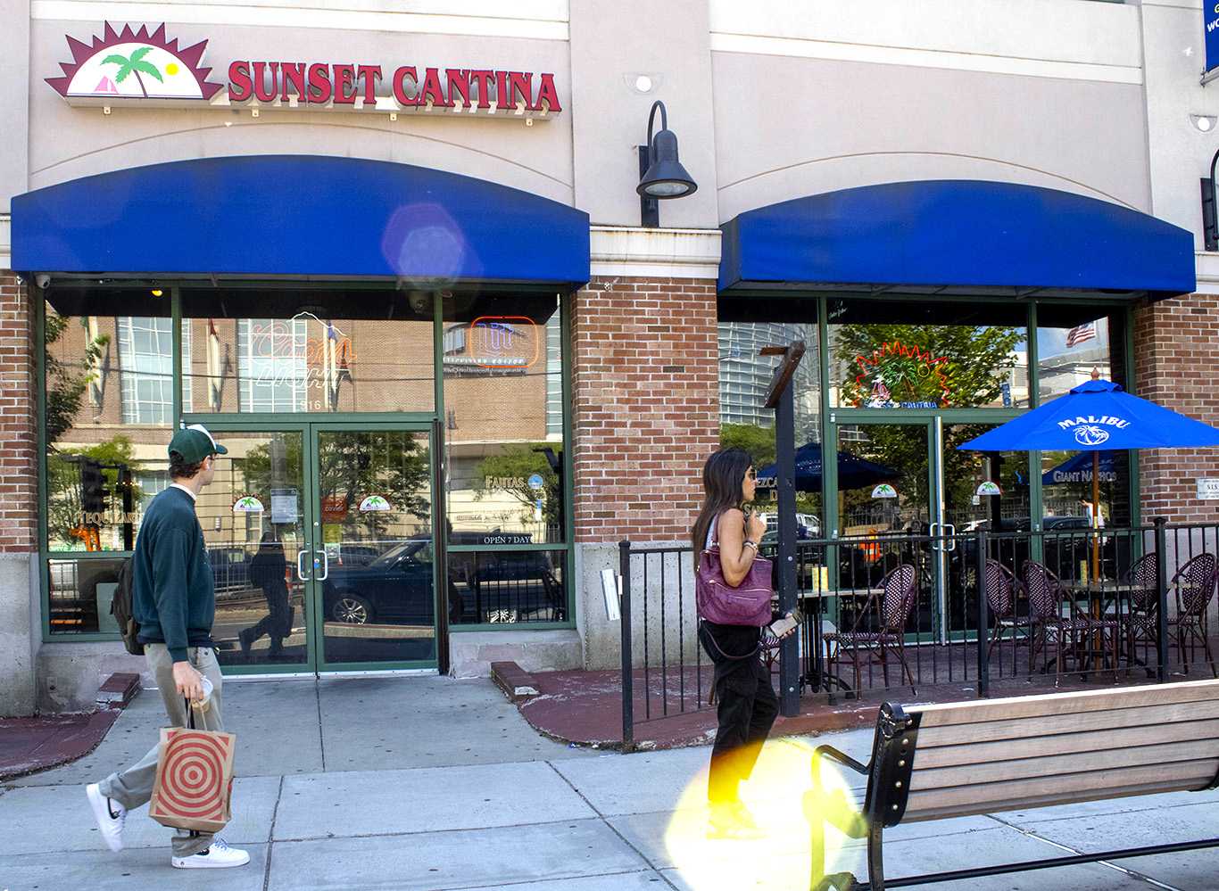 Sunset Cantina on Commonwealth Avenue near the Boston University West Campus. Businesses around university campuses have faced an influx of student customers since the relaxation of COVID-19 restrictions and the start of the academic year. SHANNON DAMIANO/ DAILY FREE PRESS STAFF
