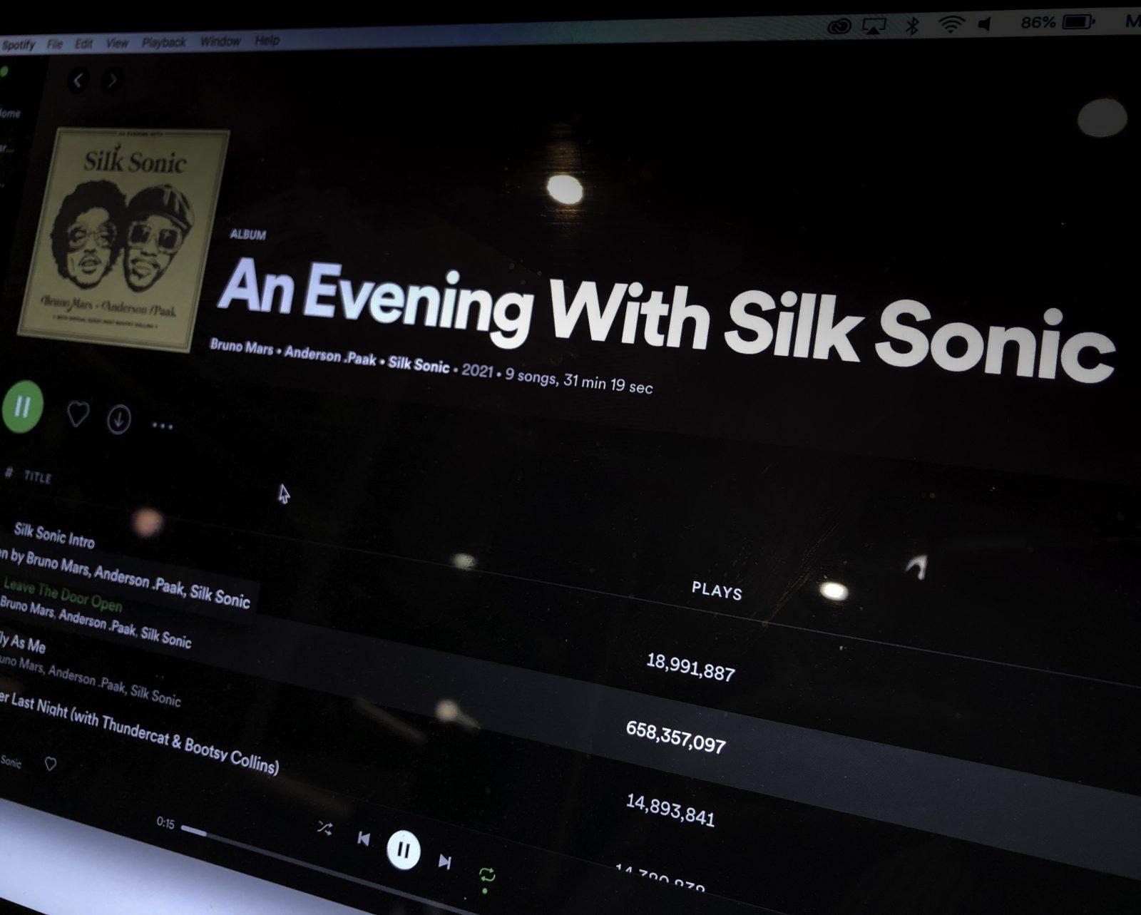 “An Evening With Silk Sonic” on Spotify. Tanmayi ranks the songs on Bruno Mars and Anderson .Paak’s collaborative album. ILLUSTRATION BY SHANNON DAMIANO/ DFP STAFF