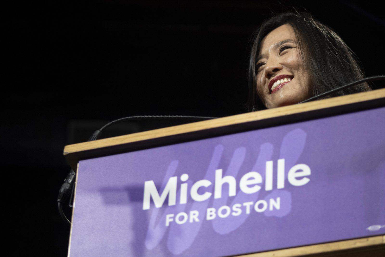 Michelle Wu smiling to supporters Nov. 2 following her mayoral victory. Since the mayoral election, Boston University students have expressed high expectations of Wu, who will officially take office Tuesday. SHANNON DAMIANO/ DFP FILE
