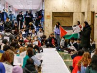 The “Shut it Down for Palestine Sit-In” organized by Boston University Students for Justice on Palestine outside of Tsai Performance Center.