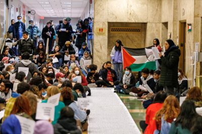 The “Shut it Down for Palestine Sit-In” organized by Boston University Students for Justice on Palestine outside of Tsai Performance Center.