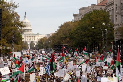 Demonstrators marching to the gates of the White House in Washington, D.C. on Saturday, Nov. 4