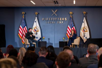Kamala Harris in a moderated discussion at Pipefitter’s Local 537 in Dorchester on Thursday.