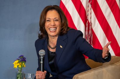 Kamala Harris speaks at Pipefitter’s Local 537 in Dorchester on Thursday.