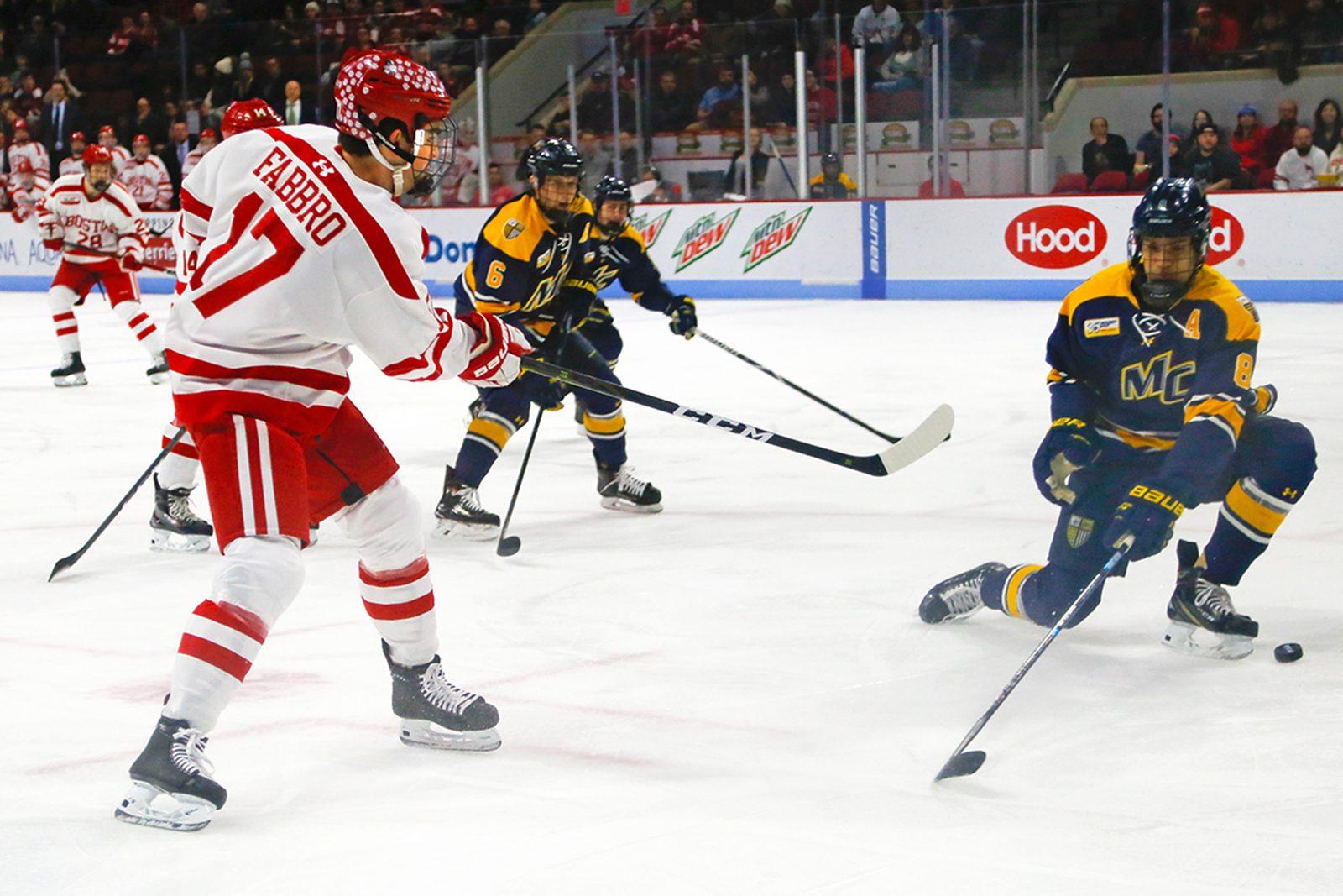 Junior defenseman Dante Fabbro in a March 2 game against Merrimack College. Fabbro said he believes “there is a lot of pressure” in the Terriers’ upcoming game against Maine, where BU can potentially gain home ice for the Hockey East playoffs. EMILY HUNTER/ DAILY FREE PRESS STAFF