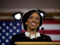 Congresswoman Ayanna Pressley celebrating her congressional victory in 2018.