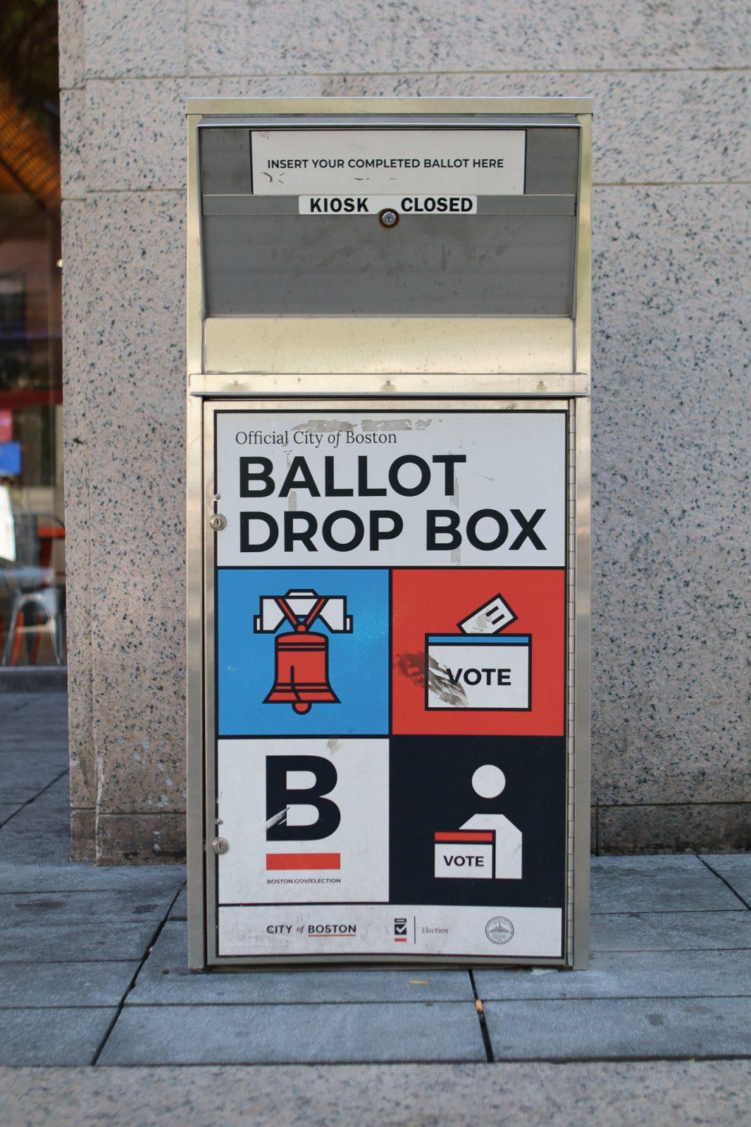 Ballot drop box outside of the Boston Public Library entrance on Boylston Street. Question 2 aims to remove the 10th grade Massachusetts Comprehensive Assessment System exam as a high school graduation requirement. RACHEL FEINSTEIN/DFP PHOTOGRAPHER