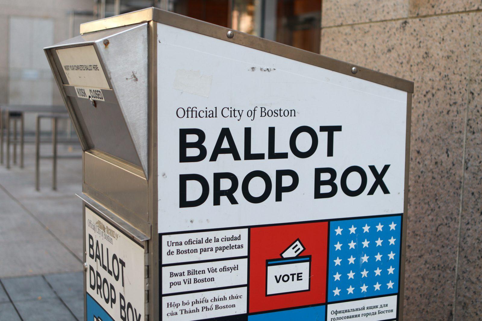 Ballot drop box on Boylston Street outside of the Boston Public Library. One of the questions sparking discourse on this year’s ballot is about raising the tipped hourly minimum wage. RACHEL FEINSTEIN/DFP PHOTOGRAPHER.