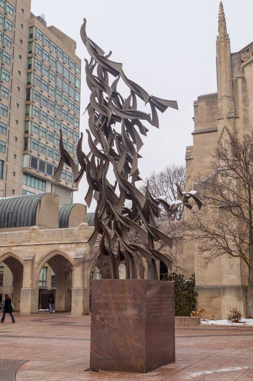 The “Free at Last” statue, inspired by Boston University alum Martin Luther King, Jr., in Marsh Plaza. BU is hosting a celebration of King at the Howard Thurman Center on Jan. 25. RACHEL FEINSTEIN/DFP PHOTOGRAPHER
