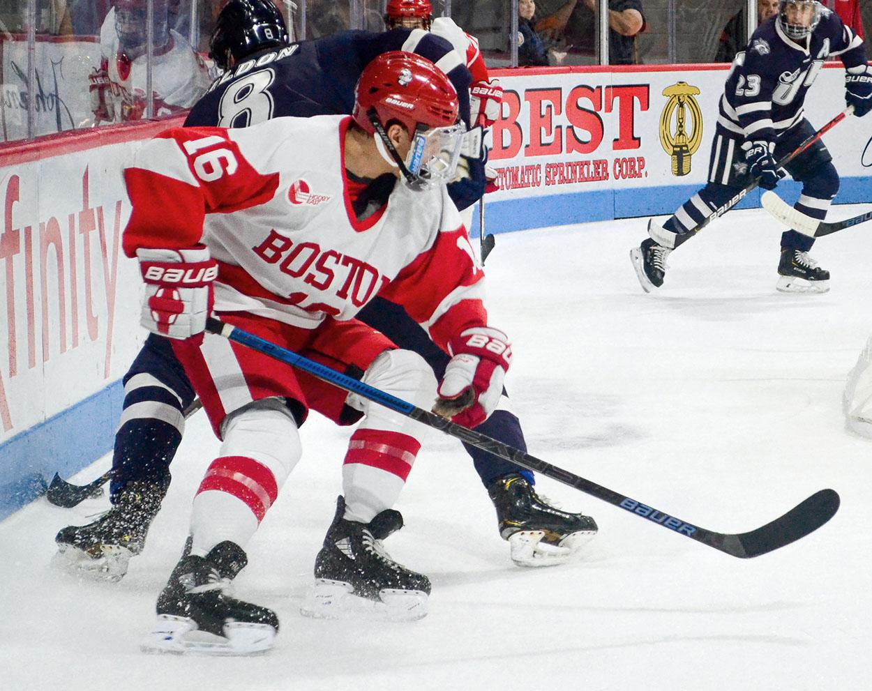Boston University forward Robert Mastrosimone in a game against the University of New Hampshire Oct. 26, 2020. Mastrosimone scored in overtime against the University of Maine to win Friday’s game. CAROLINE FERNANDEZ/ DFP FILE