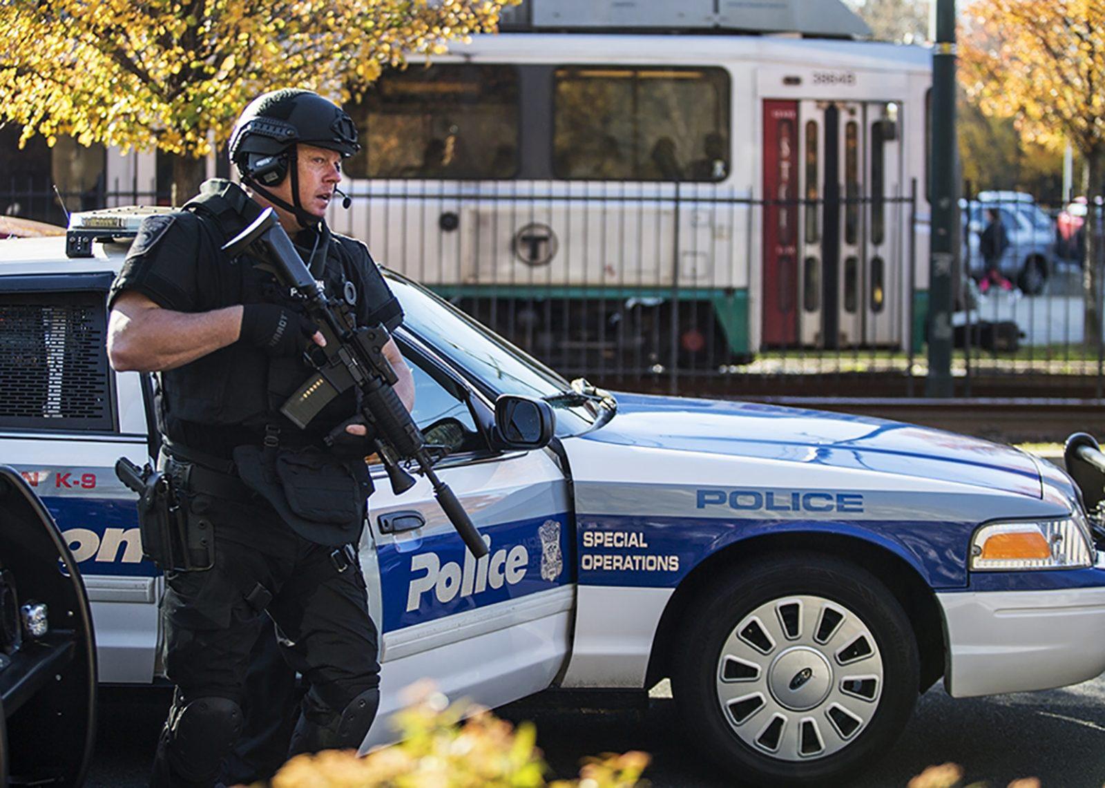 A Boston police officer outside Mugar Memorial Library in 2017. The Massachusetts Convention Center Authority is holding an active shooter exercise Friday at the Boston Convention and Exhibition Center. SARAH SILBIGER/ DFP FILE