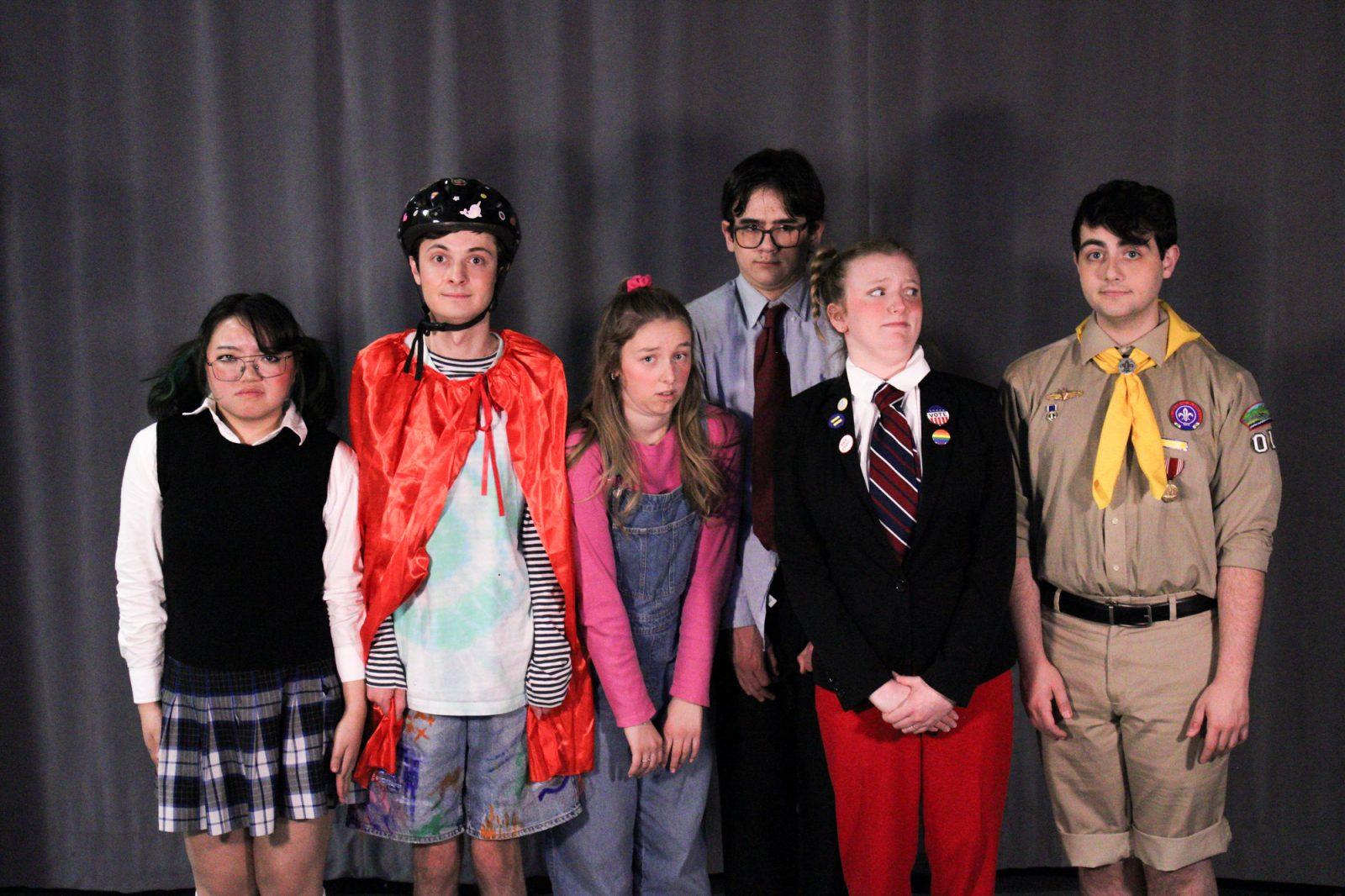 (From left) Cast members of Stage Troupe’s production of “the 25th Annual Putnam County Spelling Bee” Seven Zhang, Nicholas Formato, Ali Cook, Lanz Perez-Kudzma, Christa Campbell and Evan Laufman. The production will run from Feb. 29 to March 2 at the student theater, with proceeds going to the Home for Little Wanderers. PHOTO COURTESY OF STAGE TROUPE