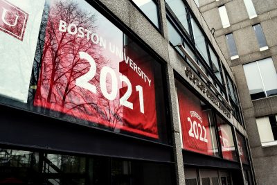 boston university class of 2021 banner outside the george sherman union