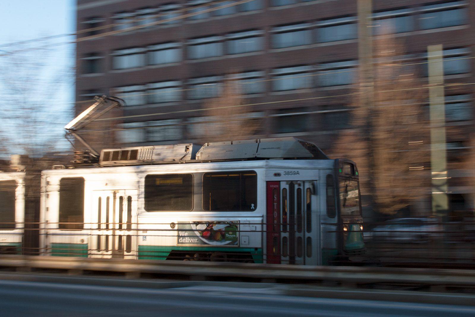 The Green Line B train passing through Commonwealth Avenue. Boston City Councilor Michelle Wu started a petition in opposition of the Massachusetts Bay Transportation Authority’s fare hike in efforts to make a fare-free T. GABRIELA HUTCHINGS/ DAILY FREE PRESS STAFF