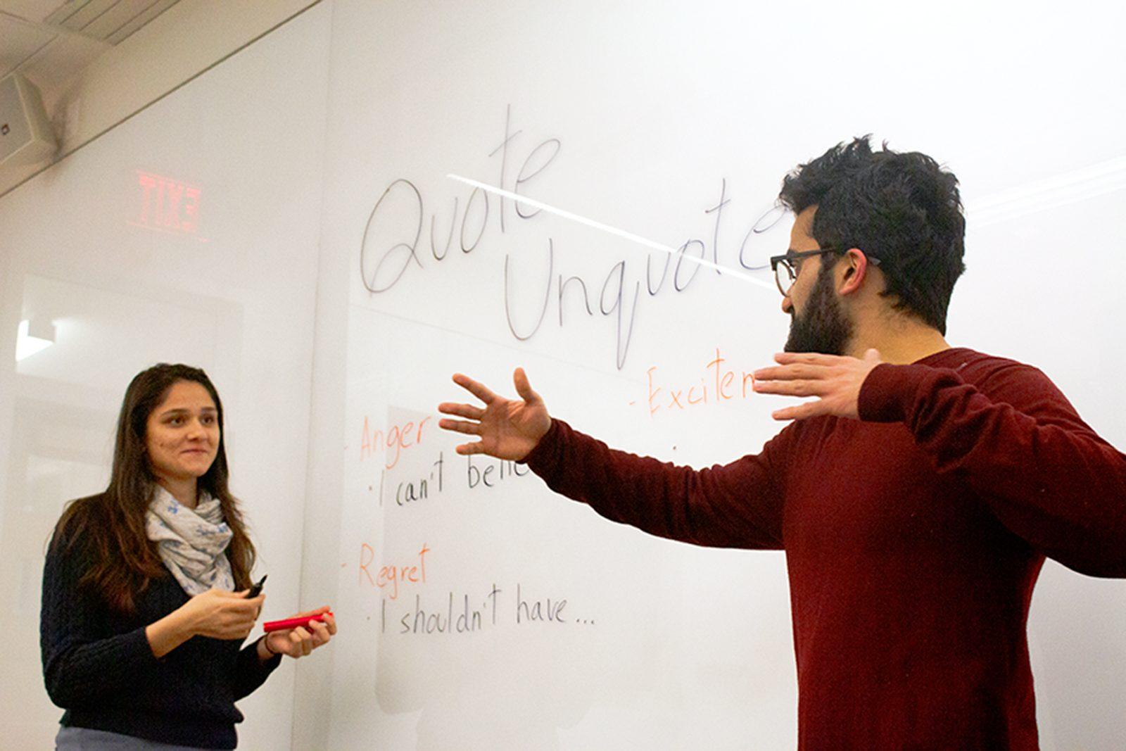 Shubi Arun, a junior in the College of Communication, and Aboli Goghari, a junior in Sargent College of Health and Rehabilitation Sciences, founded the Quote Unquote club. Their goal was to create a place where students can creatively tell stories and share their experiences.  ILLUSTRATION BY GABRIELA HUTCHINGS/ DAILY FREE PRESS STAFF  