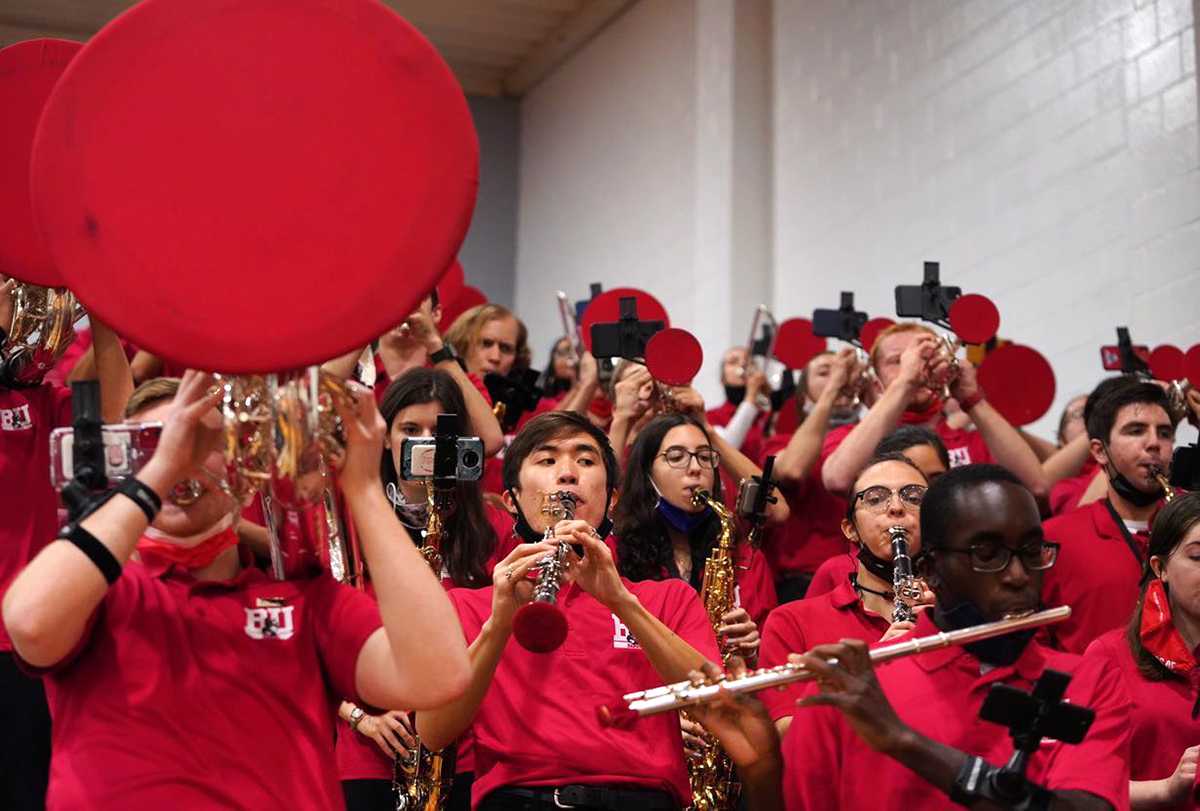 Boston University’s Pep Band. BU Pep Band, one of the five ensembles in the student section at hockey games, returned to TD Garden Feb. 14 for the men’s Beanpot Championship for the first time since the pandemic started. MOHAN GE/DFP STAFF