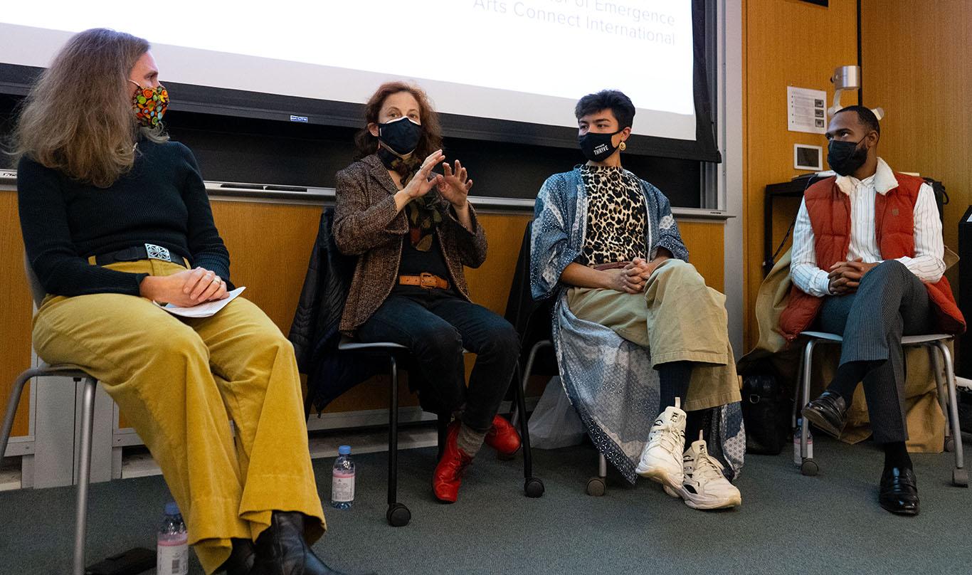 From left to right: Judy Braha, Julie Leven, Micah Rosegrant and Jonathan Allen composed Monday’s cross-department panel on the topic of creative entrepreneurship and innovation between the arts and other industries. MOHAN GE/ DAILY FREE PRESS STAFF