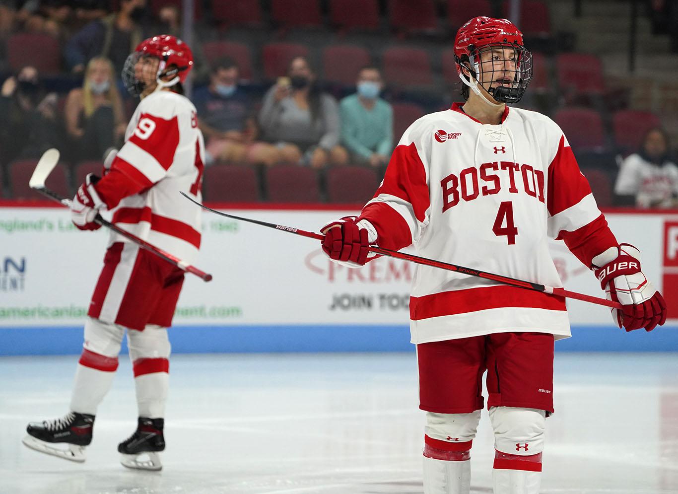 Freshman defenseman Ty Gallagher in a hockey game against Sacred Heart University Oct. 16. Boston University men’s hockey defeated the University of Massachusetts Amherst 4-3 in overtime Saturday at Mullins Center in Amherst. MOHAN GE/ DFP FILE